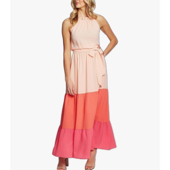 Cece Colorblock Tiered Sleeveless High Neck Maxi Dress Size L Large - Picture 1 of 7